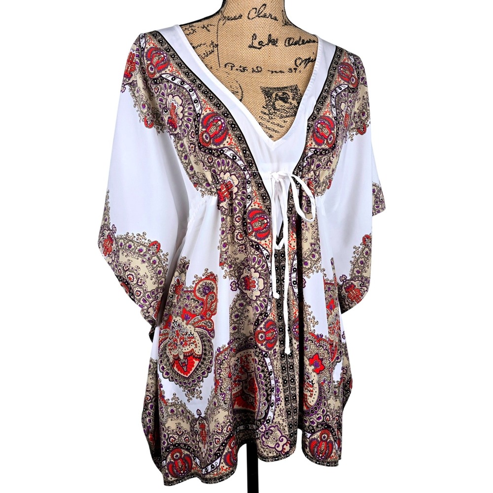 Chicos Paisley Medallion Kaftan Tunic Top/Blouse White Red Purple Drawstring S/M